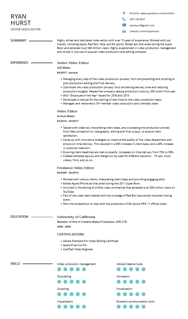 resume template for video editor